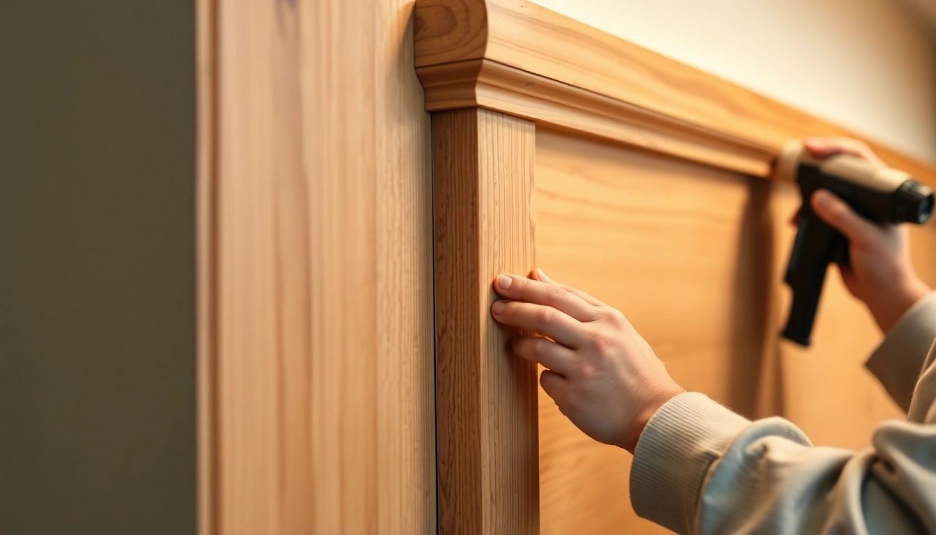 Finish trim installation showing a detailed, polished wood piece being carefully crafted and fitted for a sleek, high-quality finish.