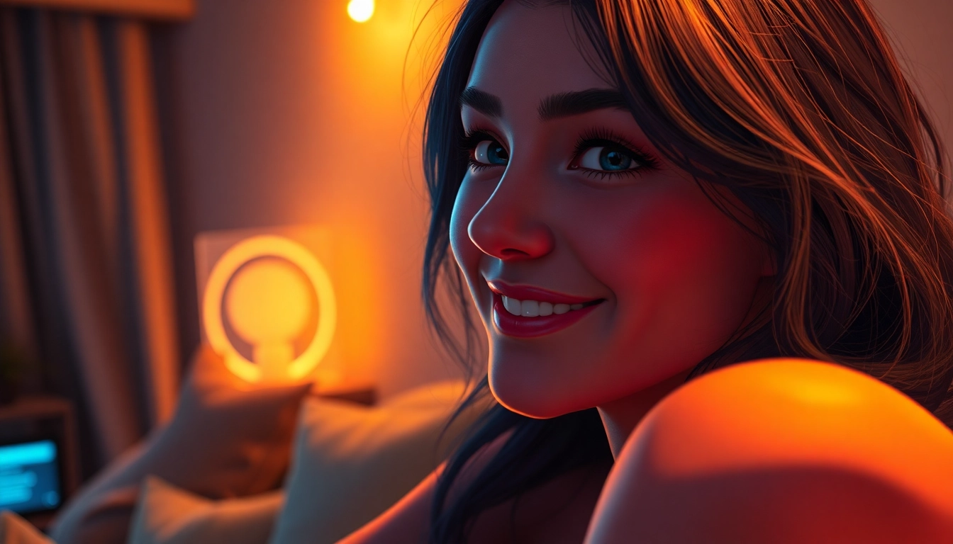 Close-up of an inviting AI character in a cozy, intimate setting with warm lighting and digital ambiance.
