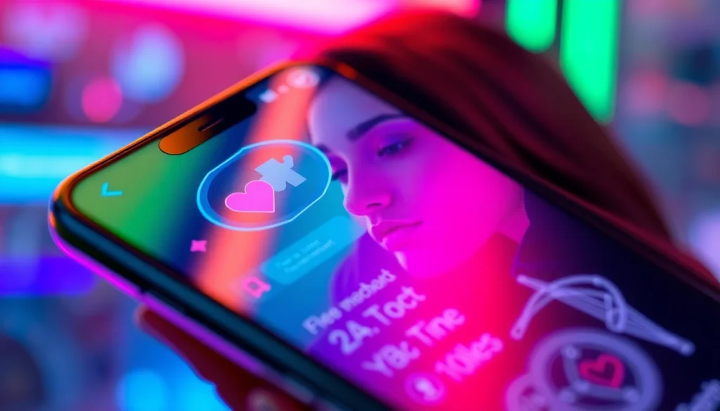 AI girlfriend app interface showcasing a realistic virtual partner with customizable features and engaging chat screen, designed for emotional connection and NSFW interactions.