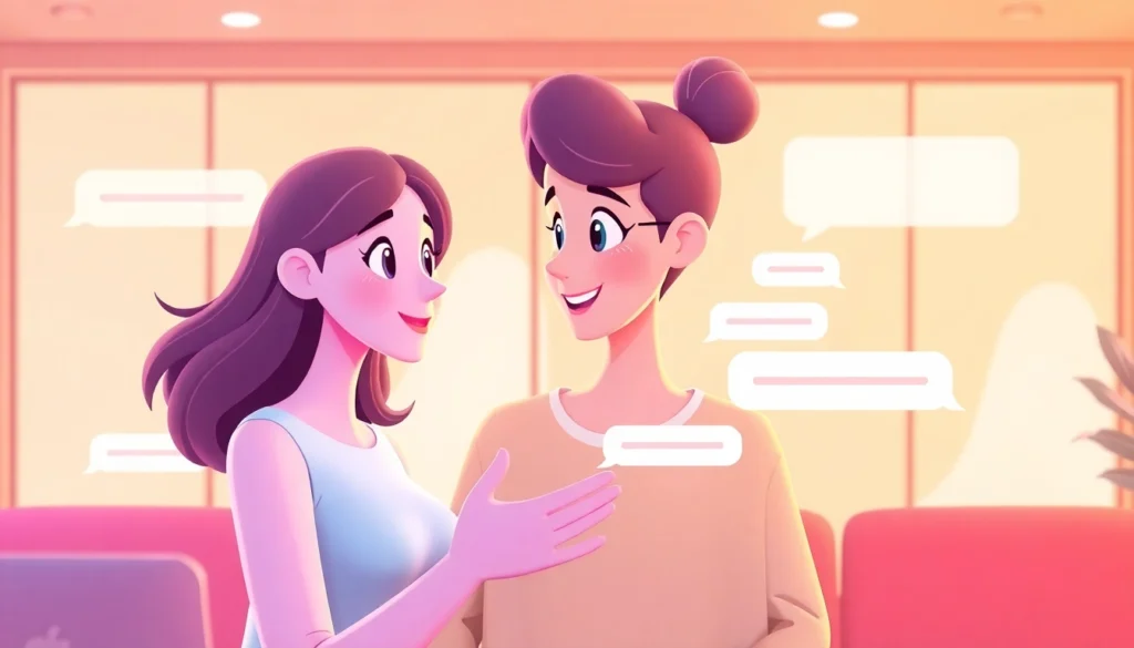 AI girlfriend chat interface with a friendly animated character engaging in conversation, demonstrating companionship and support.