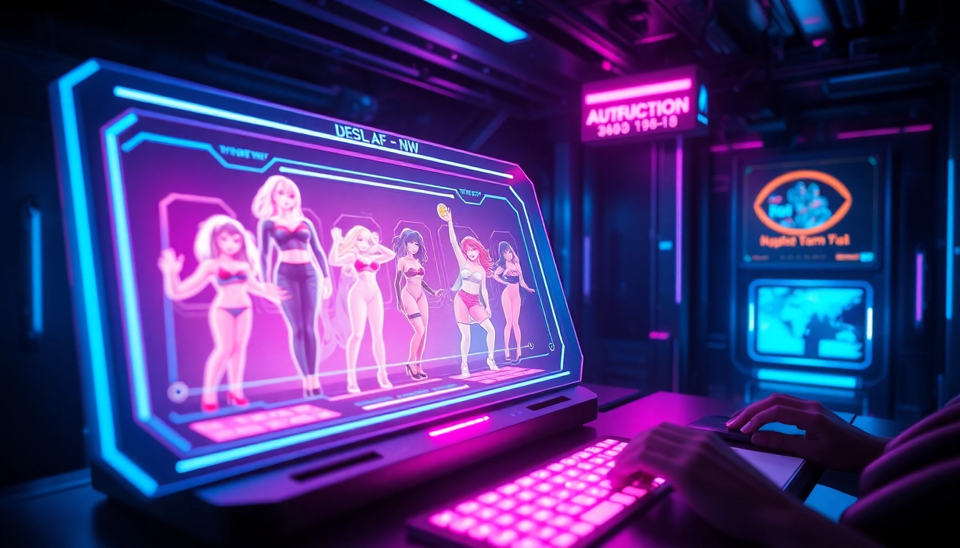 Futuristic AI interface with holographic NSFW characters in a dark, neon-lit environment.