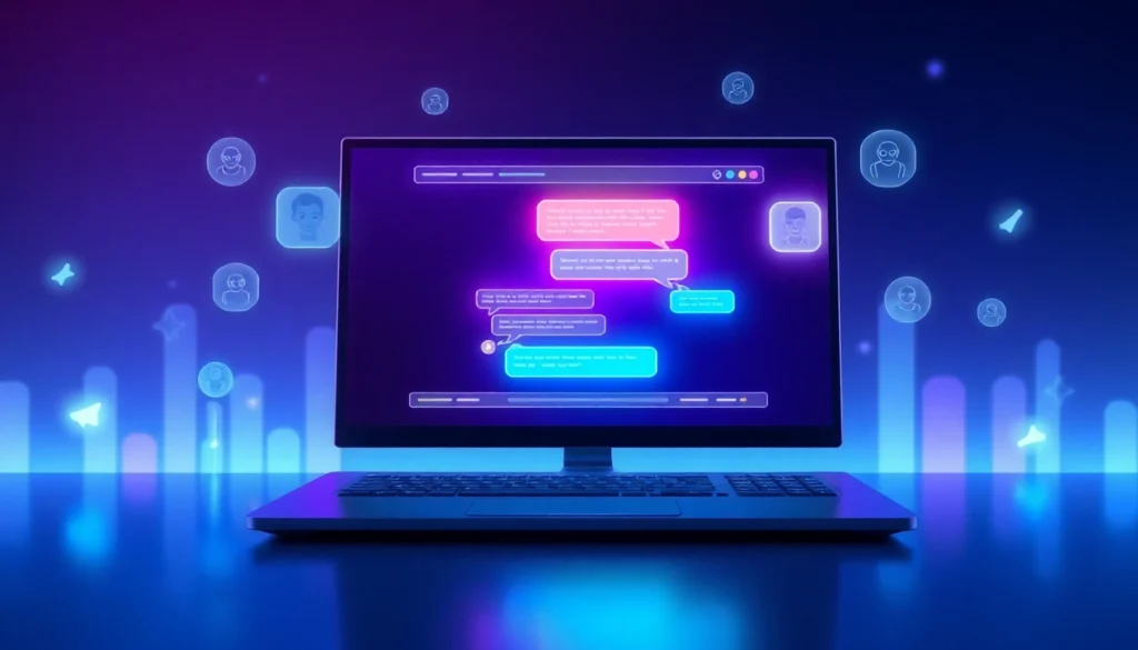 An illustration of a futuristic AI chatbot interface on a sleek computer screen with glowing chat bubbles and neon accents.