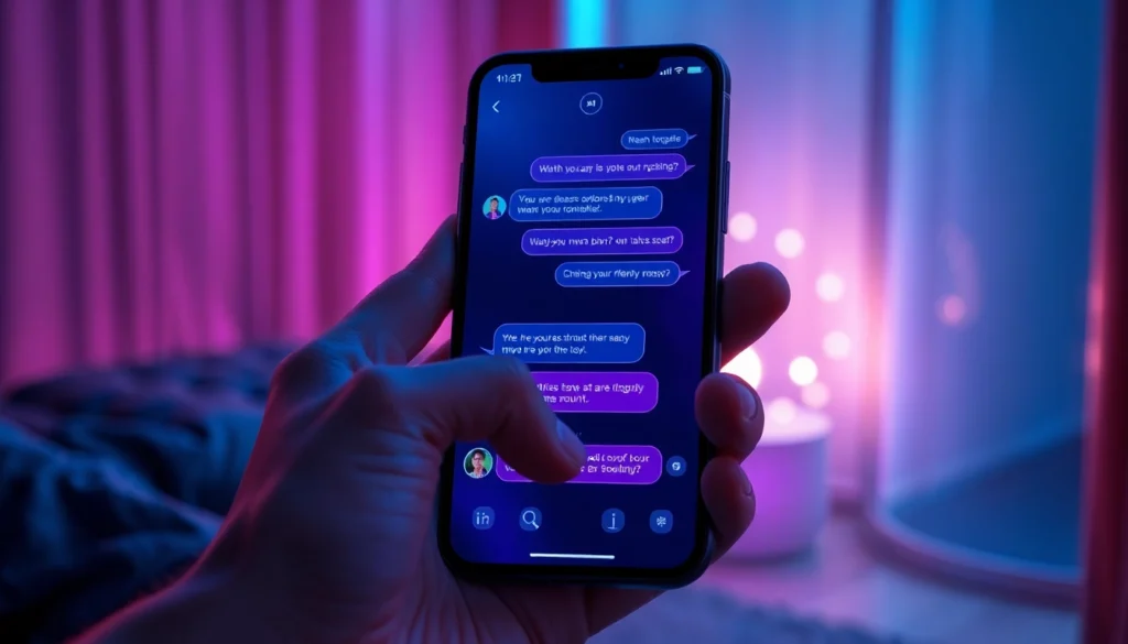 Close-up of a smartphone displaying an AI chatbot conversation in a dimly lit, cozy environment.