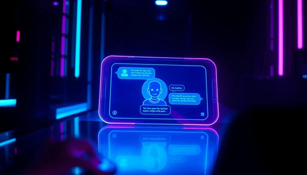 Futuristic digital chatbot interface with glowing neon lights and AI avatar in a high-tech environment.