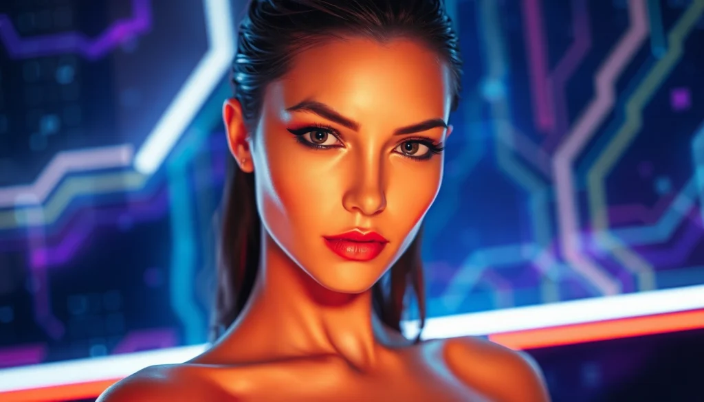 Futuristic AI character with neon lighting in a digital environment, highlighting sensuality and technology