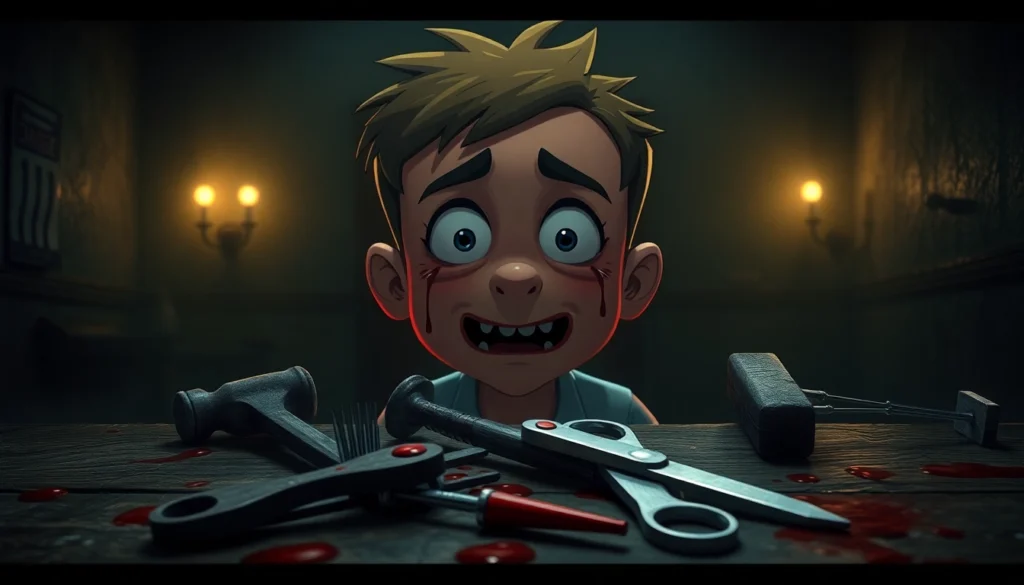 A distressed cartoonish character, Harvey, in a dark room with disturbing tools and shadows, showing pain and fear.