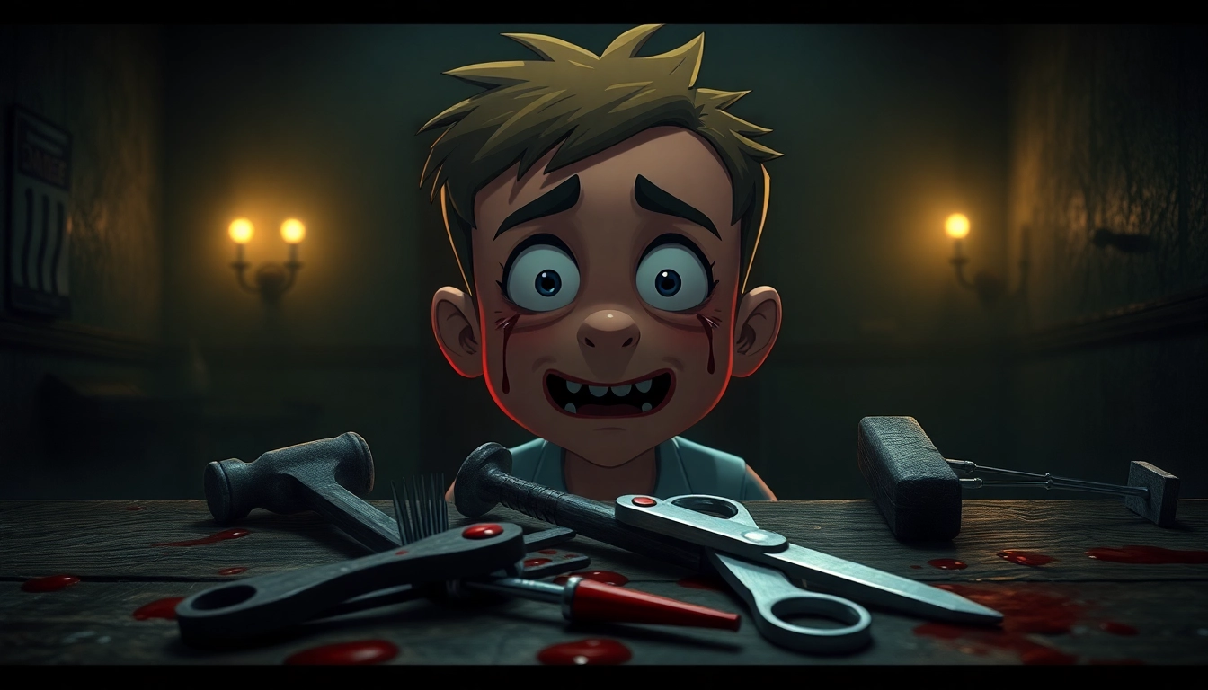 A distressed cartoonish character, Harvey, in a dark room with disturbing tools and shadows, showing pain and fear.