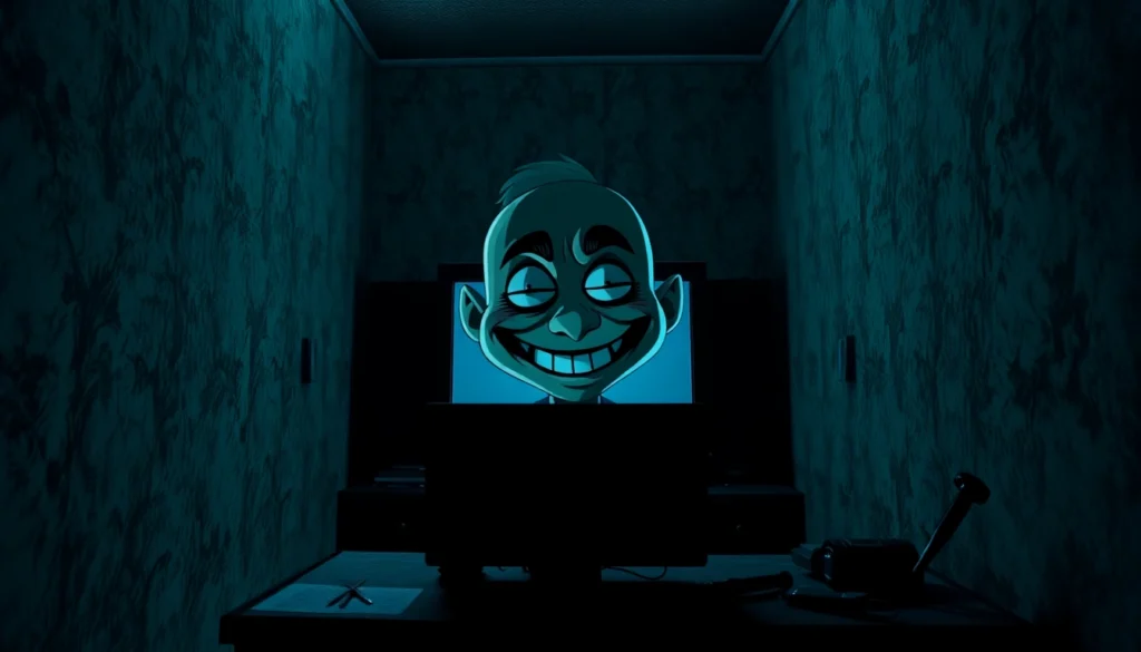 A disturbing scene of Harvey, a cheerful cartoon character, suffering in a dark, gritty room with tools and shadows, evoking psychological horror.
