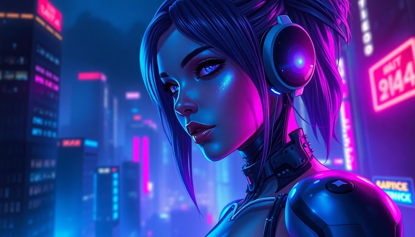 Generate a captivating nsfw ai scene featuring a hyper-realistic female figure with neon-lit cybernetic enhancements in a futuristic cityscape, emphasizing mood and detail for accessibility.