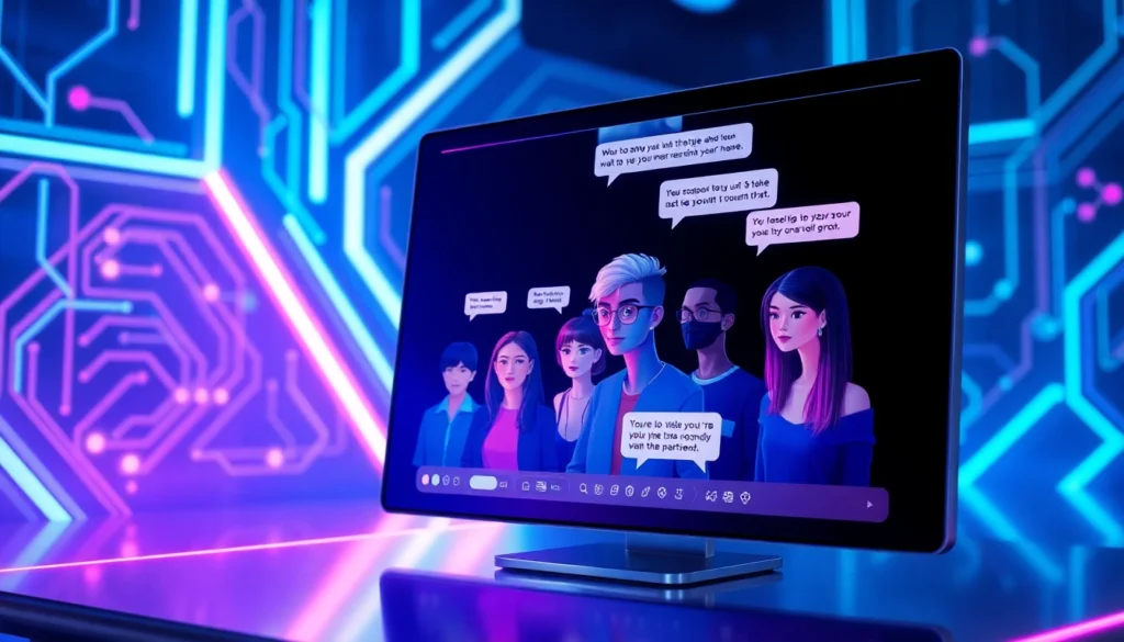Futuristic digital chat interface with customizable AI characters and vibrant neon accents.