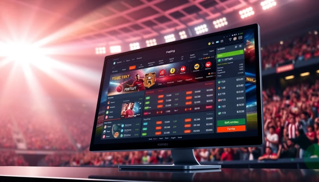Digital sportsbook interface on a computer screen with a vibrant sports stadium background, emphasizing betting and excitement.