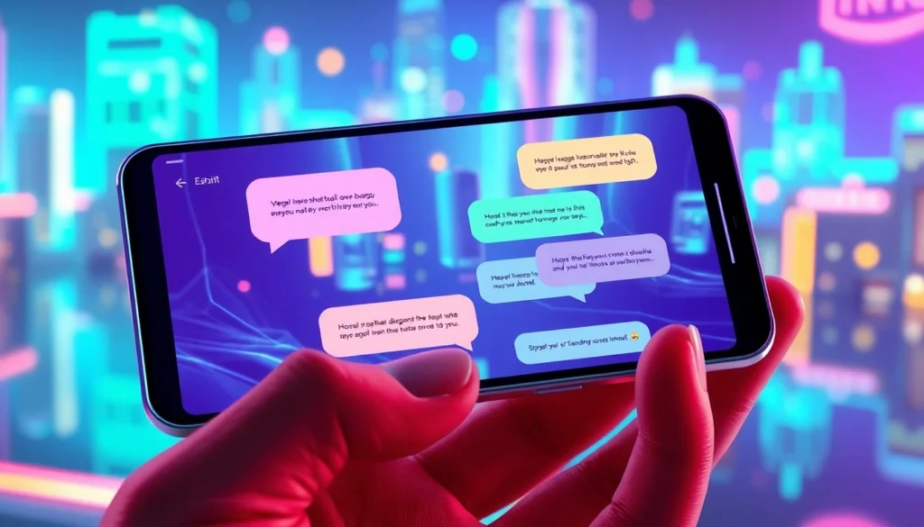 Close-up of a mobile device showing a colorful, futuristic chat interface with neon cityscape in the background.