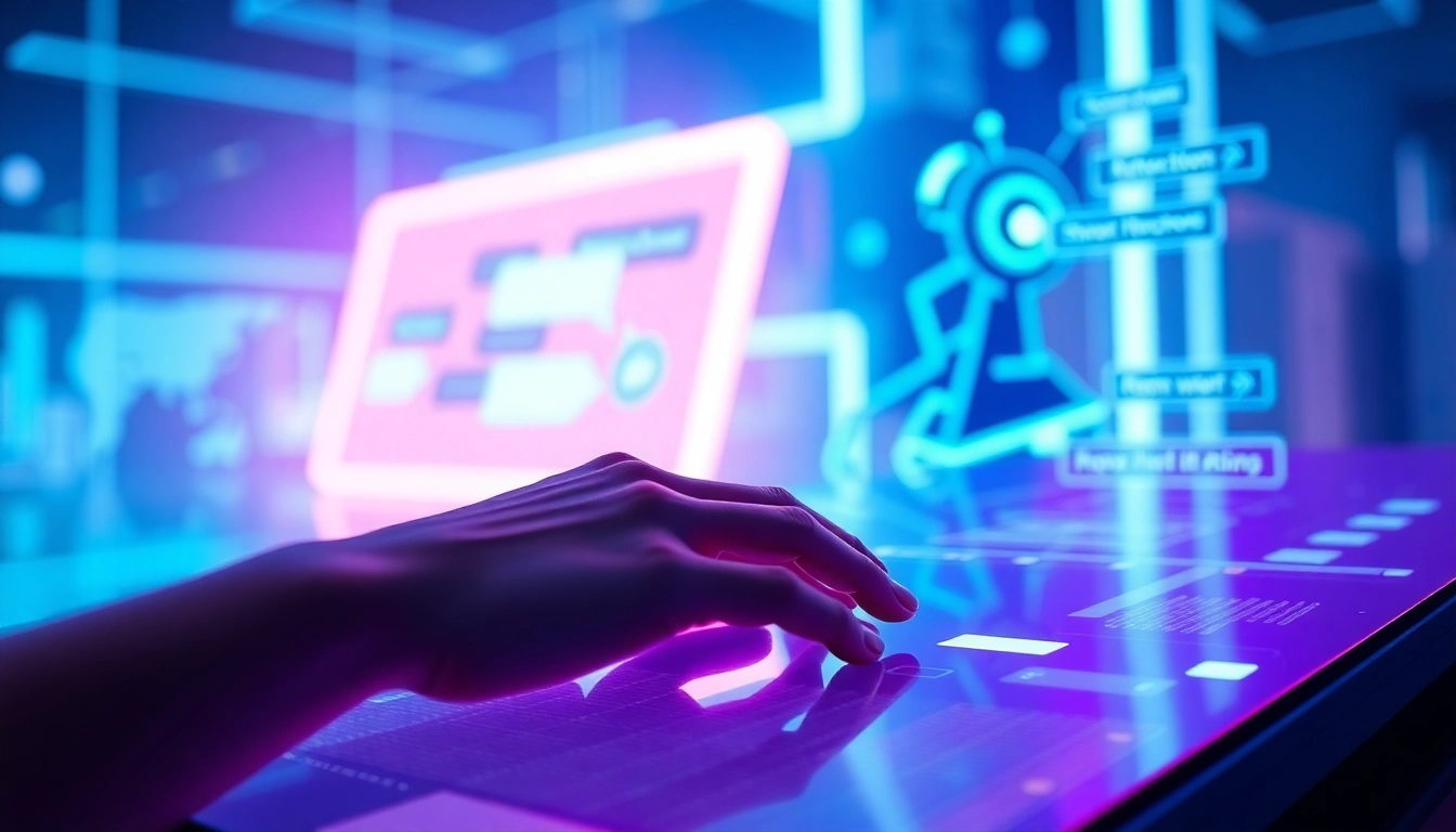 An illustration of a user interacting with an AI chatbot on a sleek digital screen with neon lighting effects, emphasizing modern technology and AI interaction.
