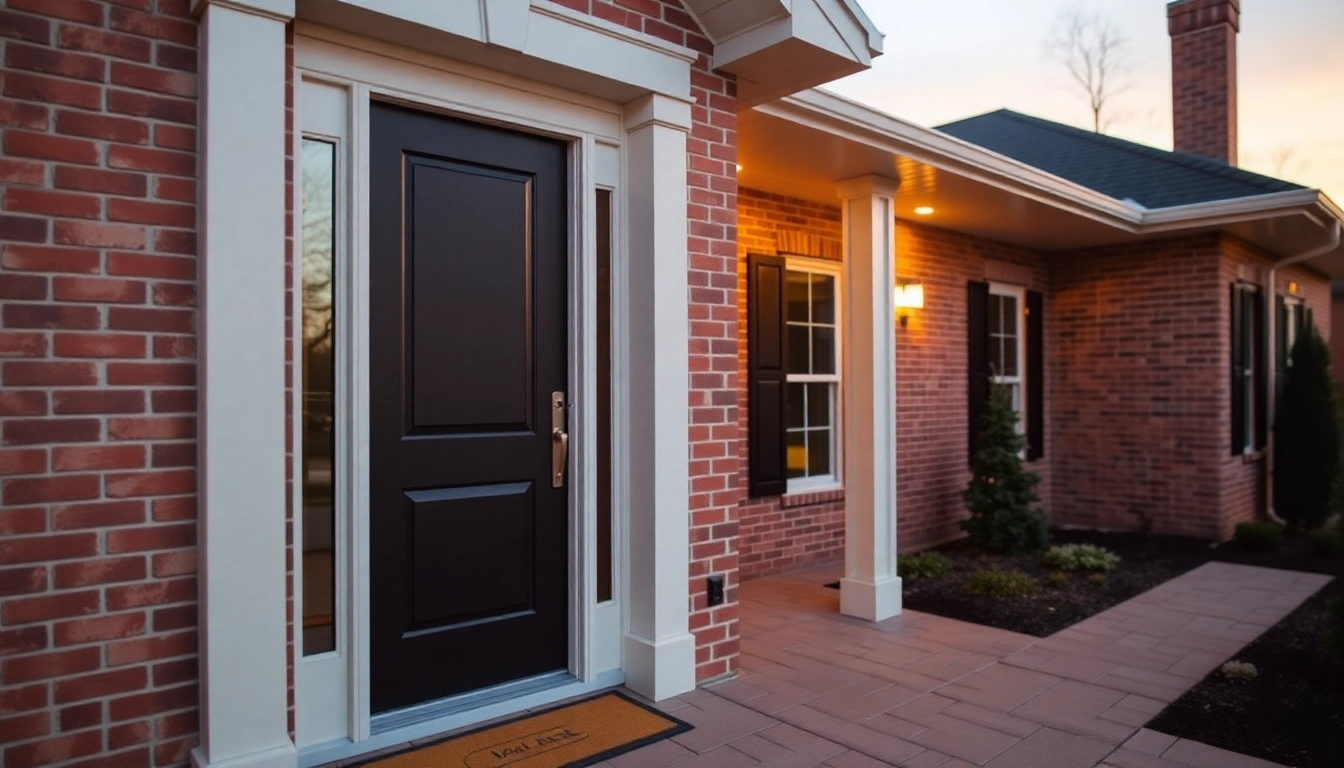 Upgrade your entry with a front door replacement showcasing wood grain finish and secure hardware.