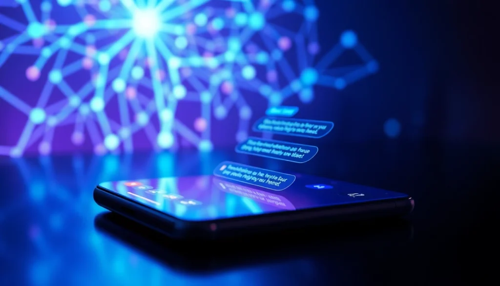 Futuristic AI chatbot interface on a mobile device with neon accents and digital neural network background.