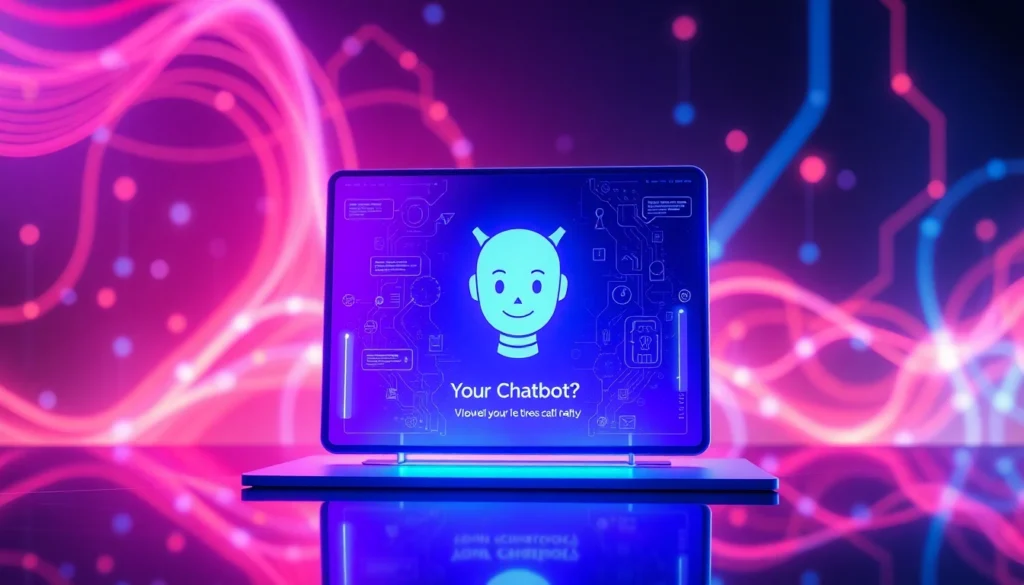 Futuristic digital scene showcasing a chatbot interface with neon accents and holographic data streams