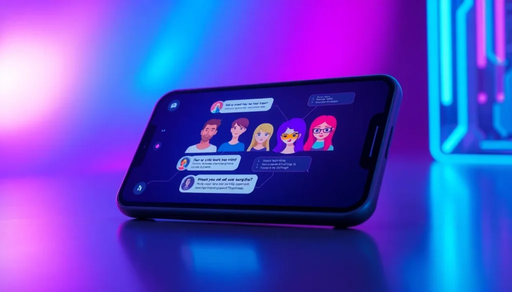Futuristic digital chat interface with customizable AI characters on a sleek device screen, glowing neon colors and cyberpunk aesthetic.