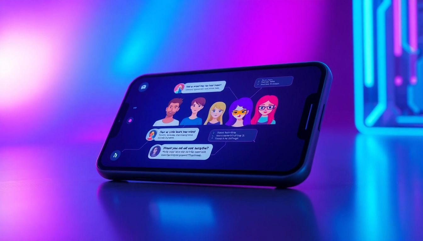 Futuristic digital chat interface with customizable AI characters on a sleek device screen, glowing neon colors and cyberpunk aesthetic.