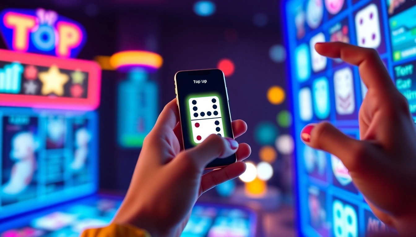 Top up domino in progress on smartphone with vibrant game icons and fast transaction visuals